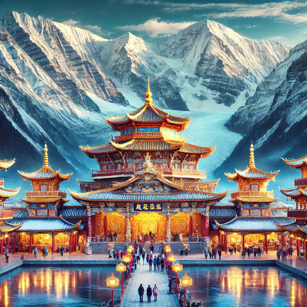 黄昏中的传统中式寺庙，远处雪山映衬，灯光温暖。
