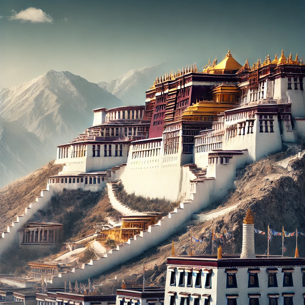 拉萨布达拉宫全景，红白相间的藏式建筑坐落于山坡，背靠群山。