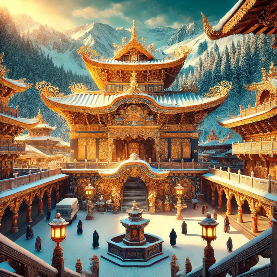 雪山松林环绕的金色寺庙，映衬在绚丽天空下的壮丽景色