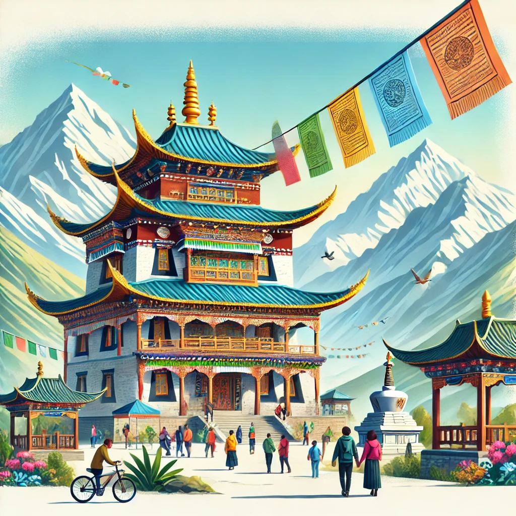 传统藏式寺庙，彩色经幡飘扬，前景有山景背景。