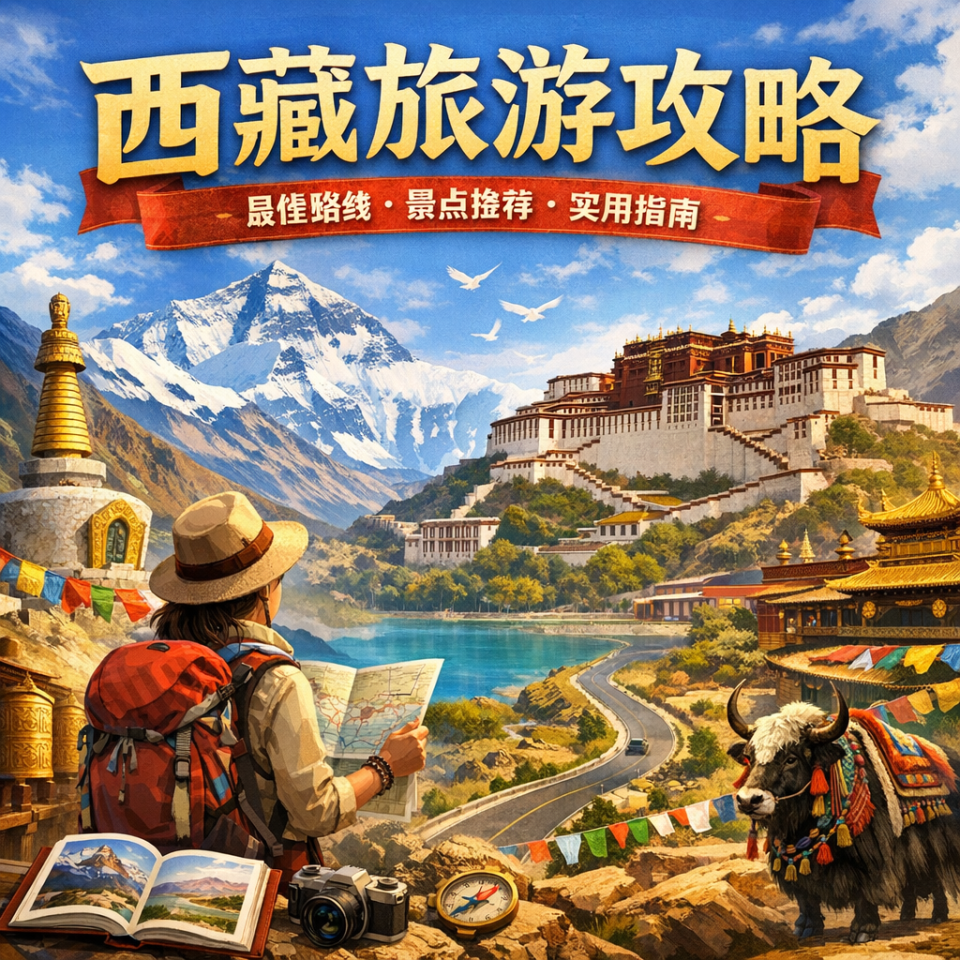 西藏旅游攻略信息图，展示最佳路线、景点推荐和实用指南。