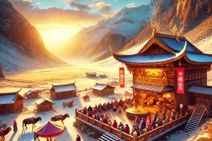 雪山峡谷中的传统藏族村落，夕阳映照，色彩鲜明